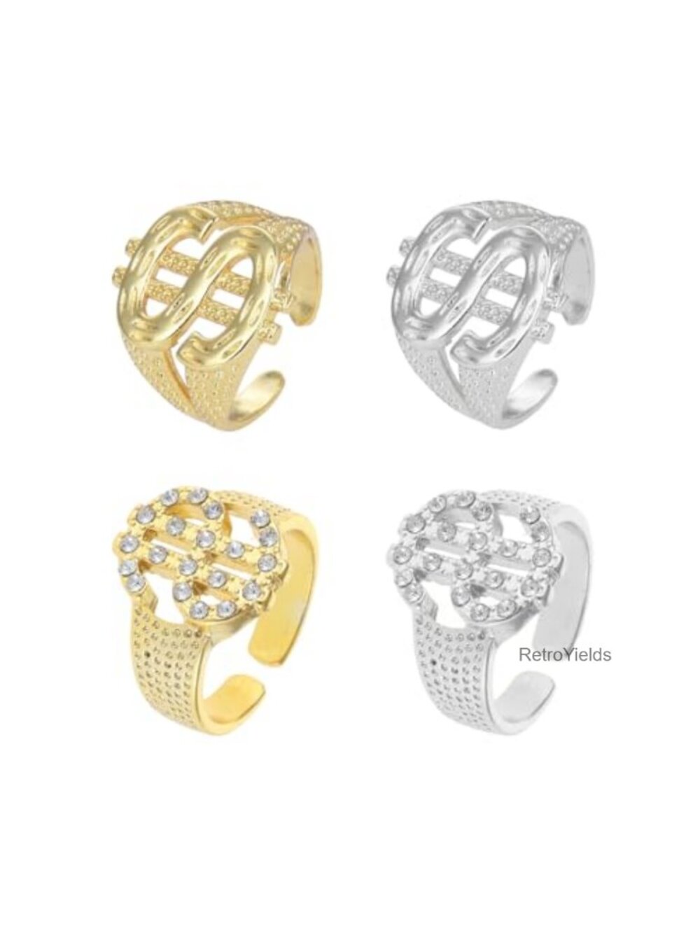 4pc Dollar Signet Ring Set Adjustable Titanium Steel Hip Hop Rings